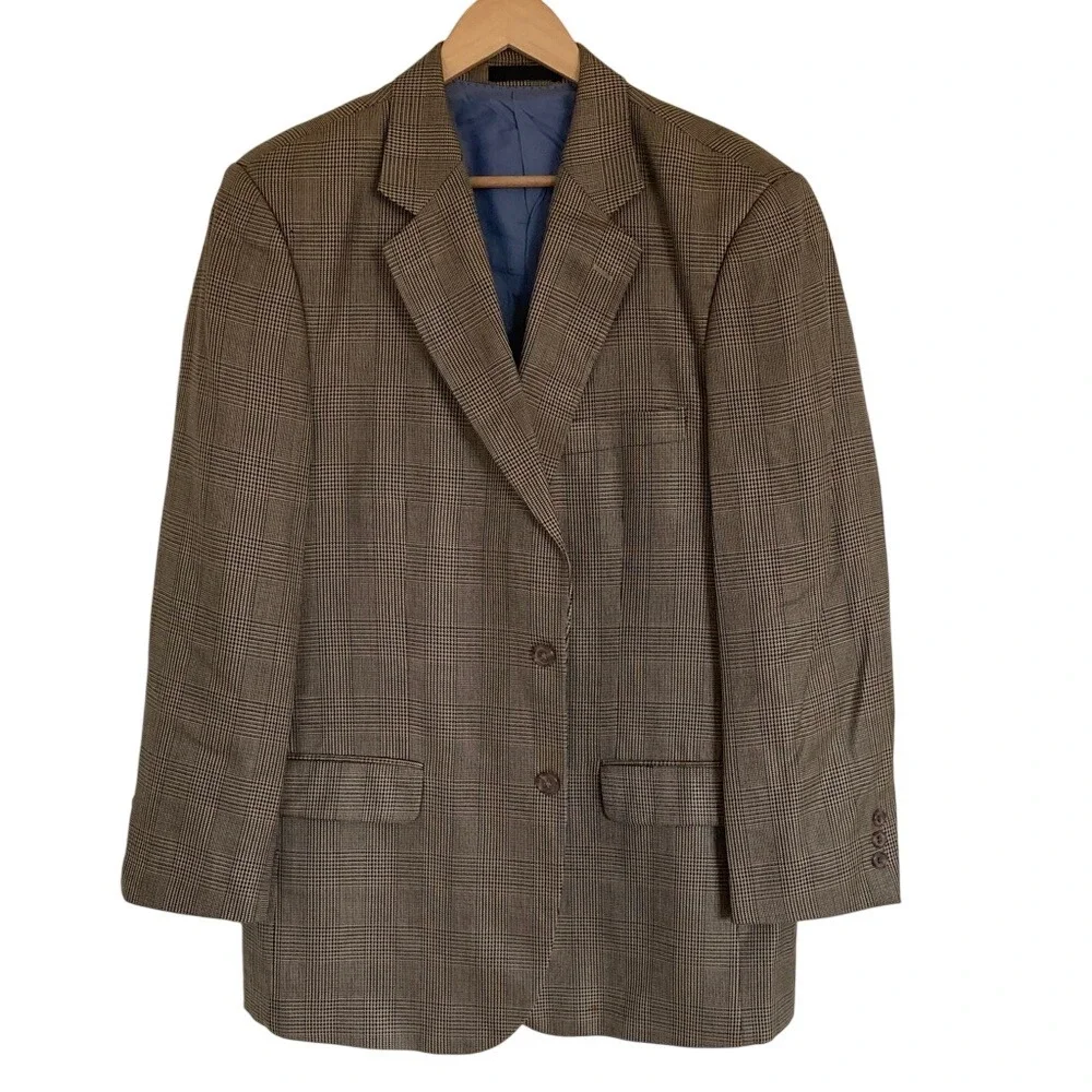 Alan Flusser Mens Classic Brown Plaid‎ 2 Button Blazer Sport Coat Size 44R Wool